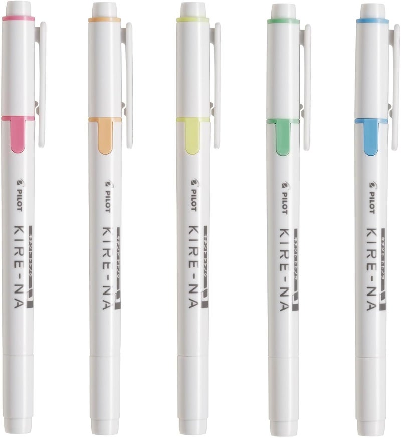 PILOT KIRE-NA Highlighter Set, Basic 5 Colors, Chisel and Fine Tip, Quick-Dry Pigment Ink, SKIW-1-5C1 - Image 1